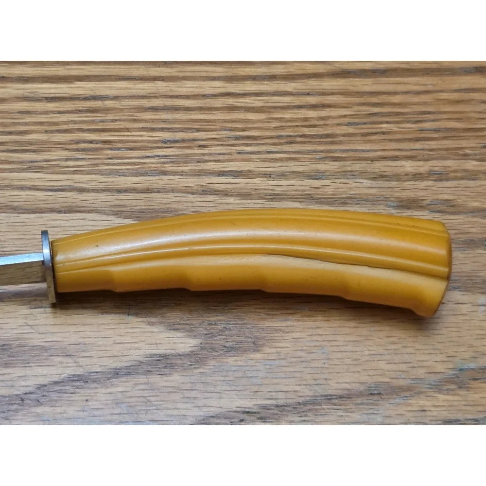 Vintage Geneva Stainless Meat Carving Fork Butterscotch Bakelite Curved Handle